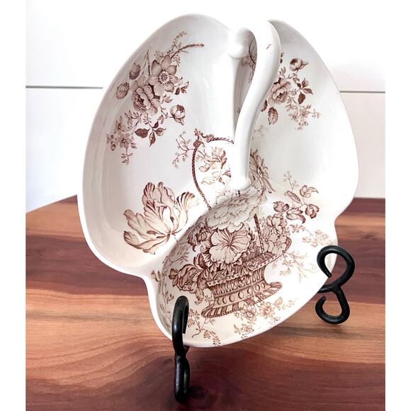 Charlotte Brown On White by Royal Crownford 3 Part Serving Dish with Handle - Picture 1 of 15